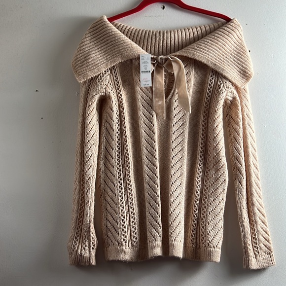 XS antique blush open cable knit sweater with front bow - Picture 3 of 10